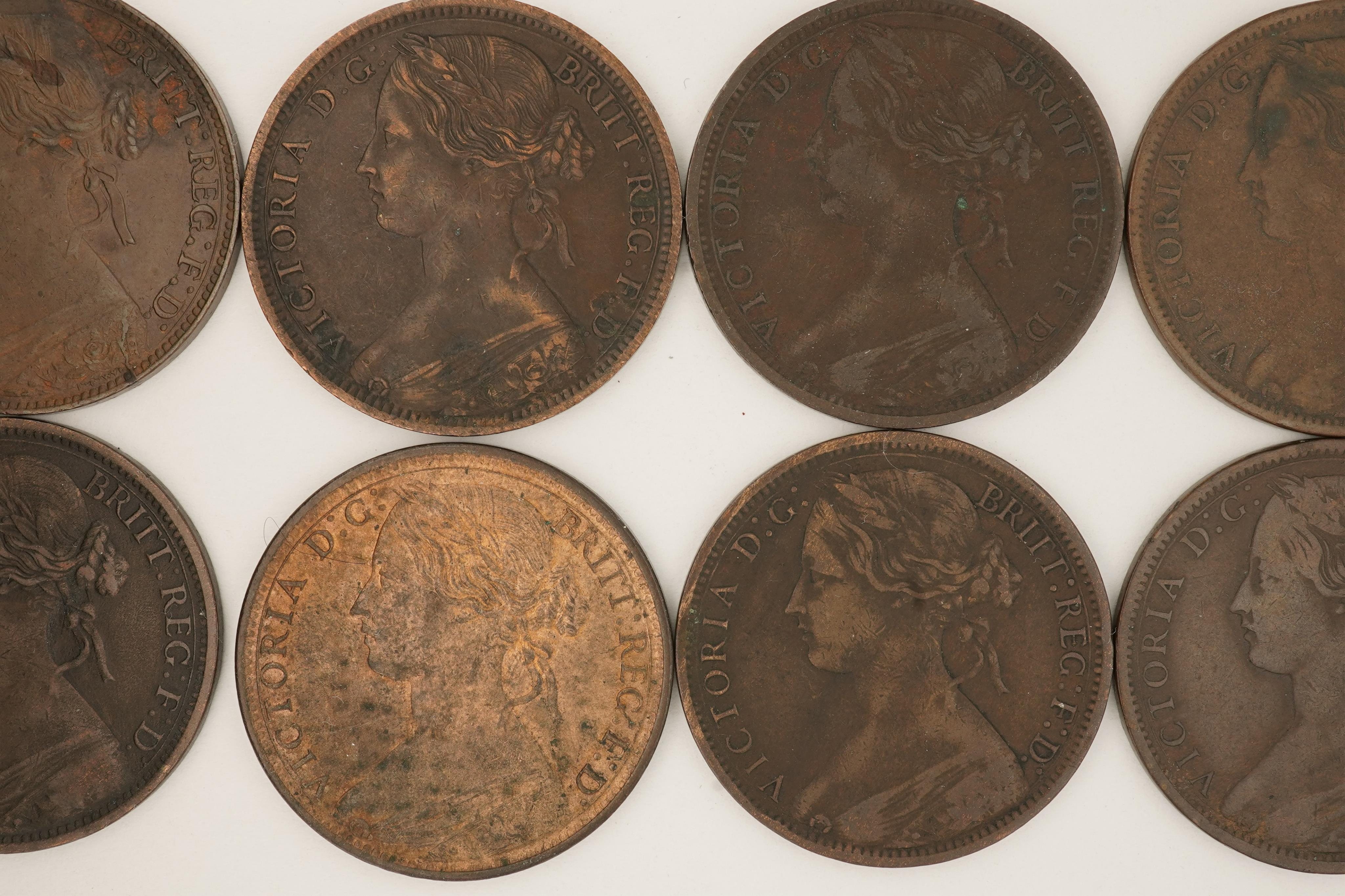 British coins, Victoria, eight bronze pennies;, 1861, Fr. 22, Gouby dies F/d, good VF, dark toned, 1862, Fr. 39, Gouby dies J/g, good VF, dark toned, 1863, Fr. 42, Gouby dies J/g, good fine, dark toned, 1864, slanted tai